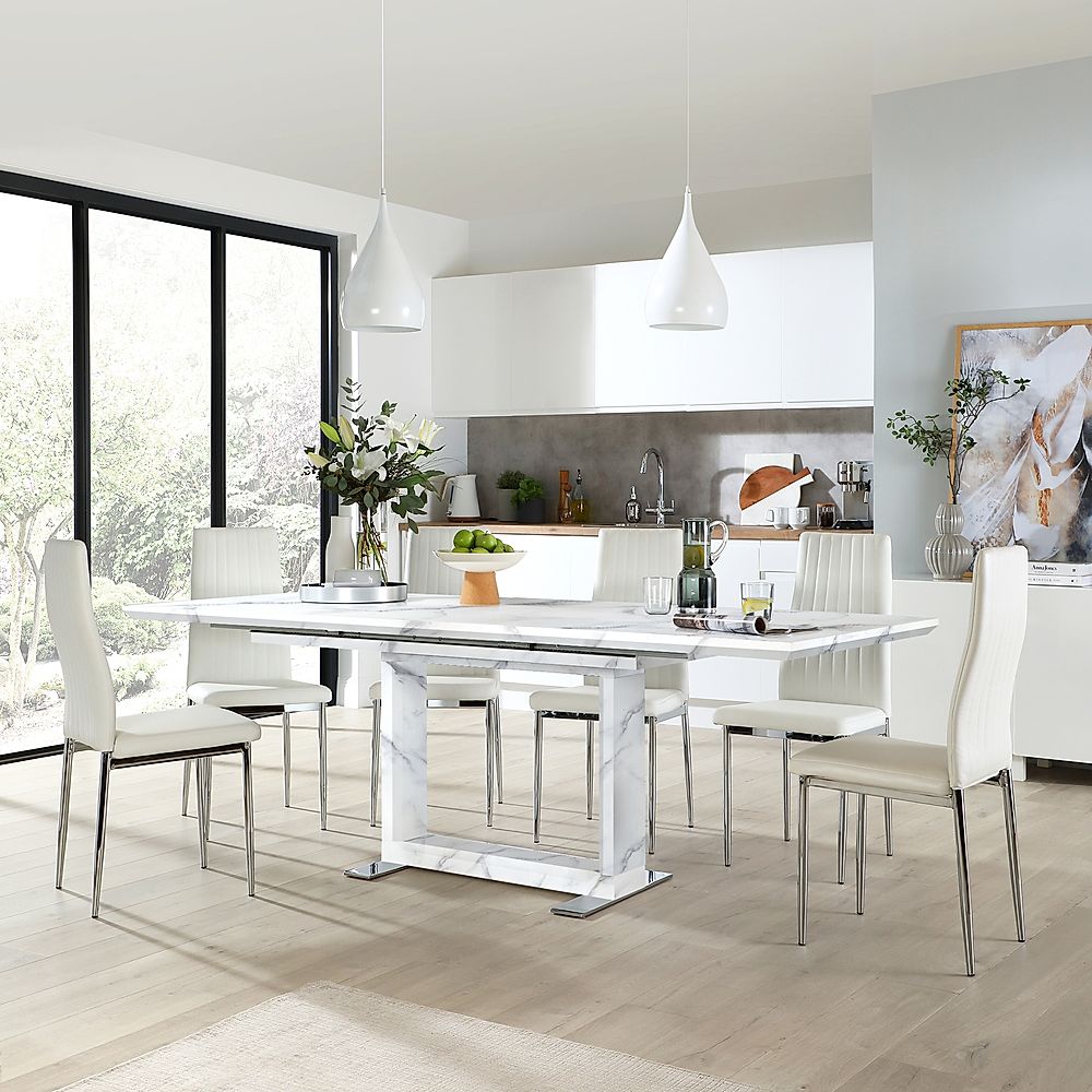 Tokyo Extending Dining Table & 4 Leon Chairs, White Marble Effect, White Classic Faux Leather & Chrome, 160-220cm