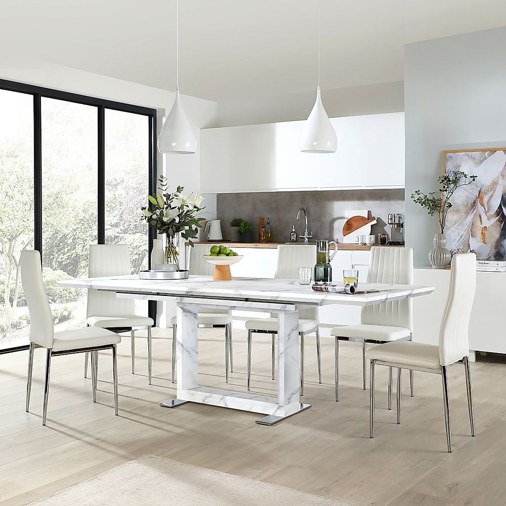Tokyo Extending Dining Table & 6 Leon Chairs, White Marble Effect, White Classic Faux Leather & Chrome, 160-220cm