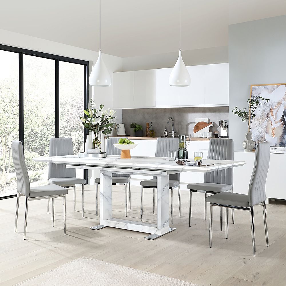 Tokyo Extending Dining Table & 4 Leon Chairs, White Marble Effect, Light Grey Classic Faux Leather & Chrome, 160-220cm