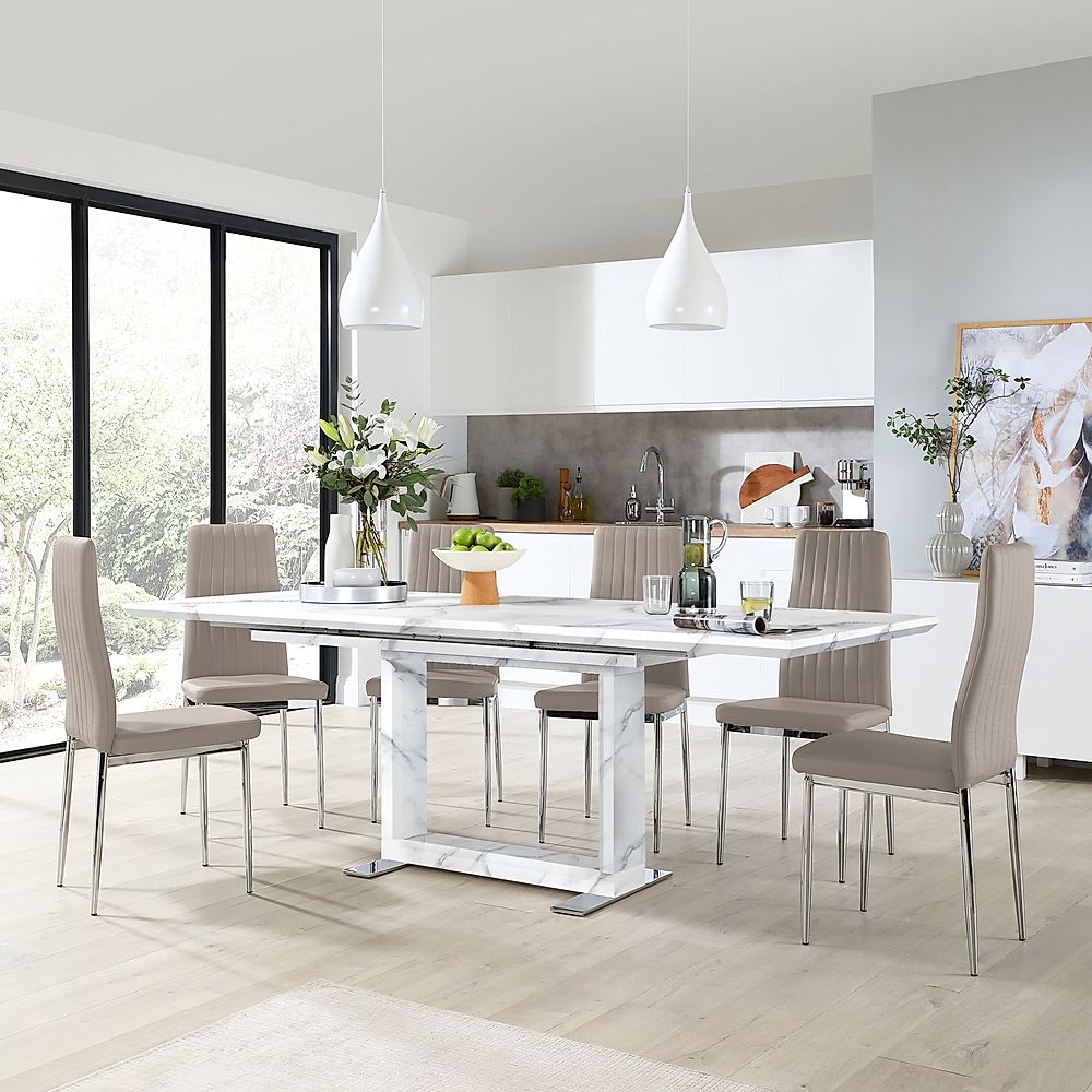 Tokyo Extending Dining Table & 4 Leon Chairs, White Marble Effect, Stone Grey Premium Faux Leather & Chrome, 160-220cm