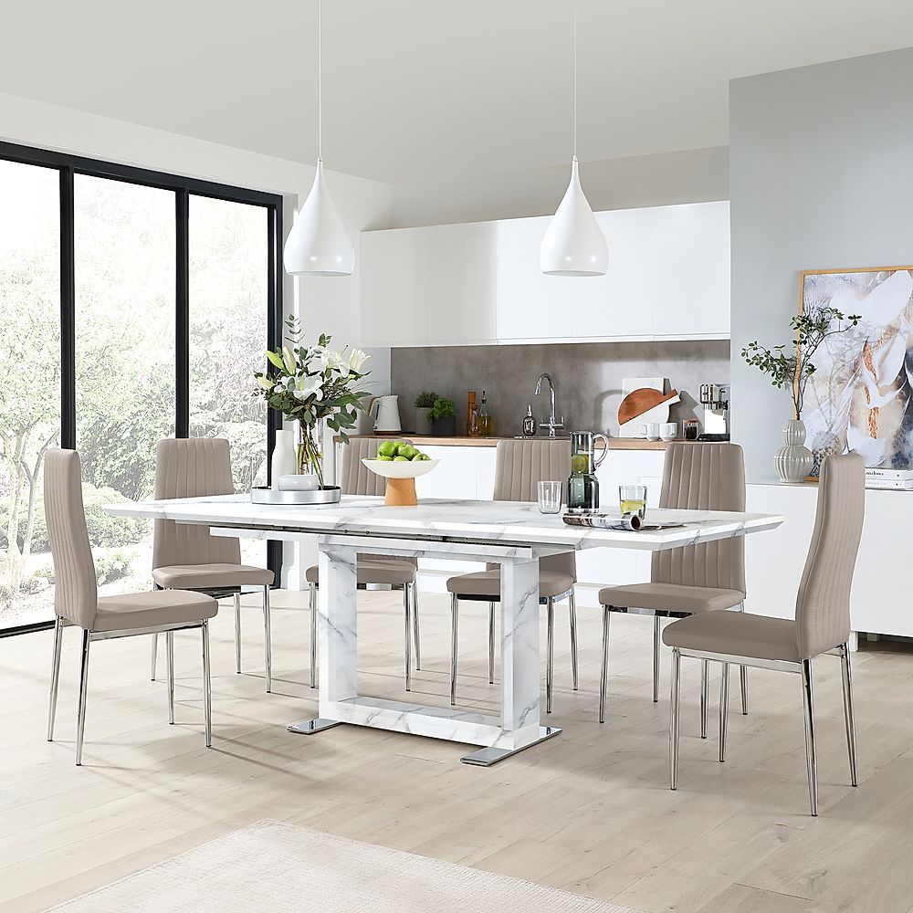 Tokyo Extending Dining Table & 6 Leon Chairs, White Marble Effect, Stone Grey Classic Faux Leather & Chrome, 160-220cm