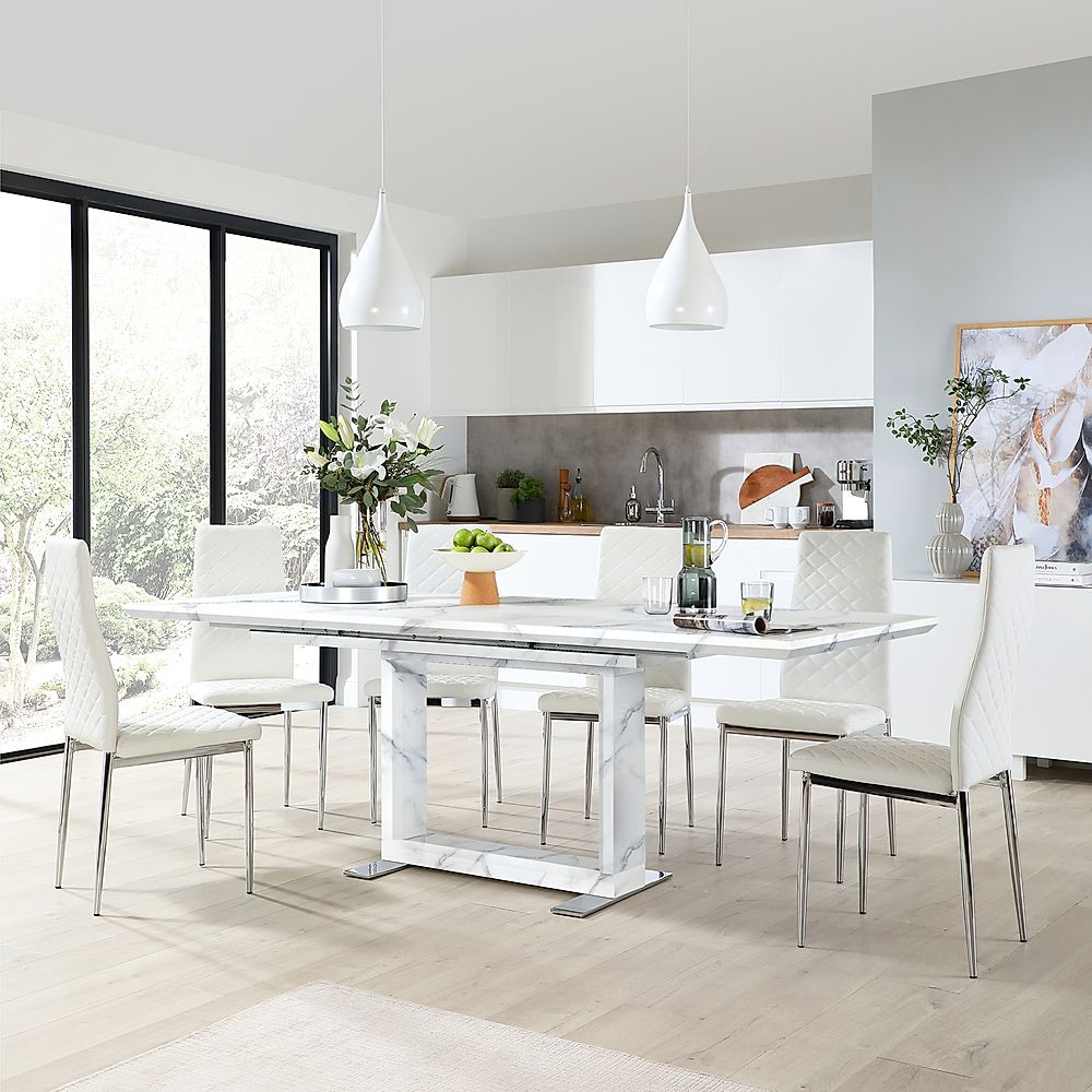Tokyo Extending Dining Table & 8 Renzo Chairs, White Marble Effect, White Classic Faux Leather & Chrome, 160-220cm