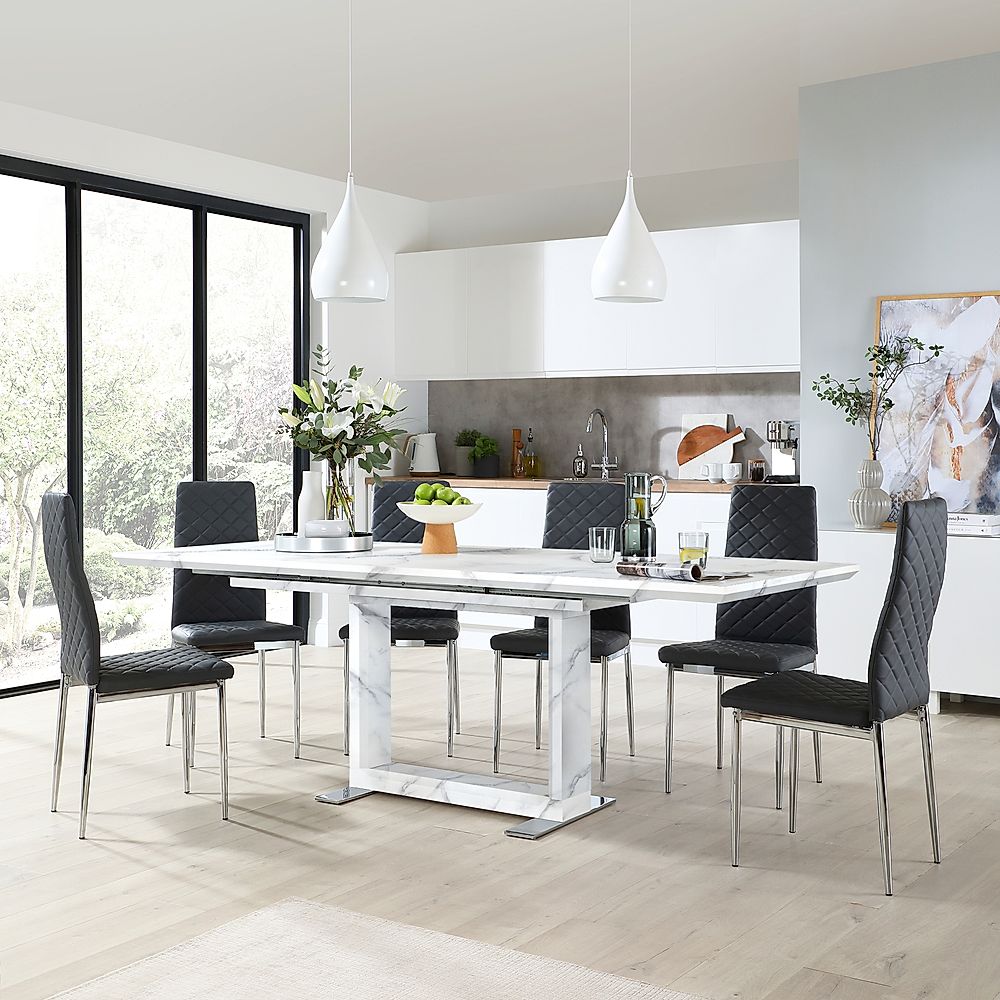 Tokyo Extending Dining Table & 4 Renzo Chairs, White Marble Effect, Grey Classic Faux Leather & Chrome, 160-220cm