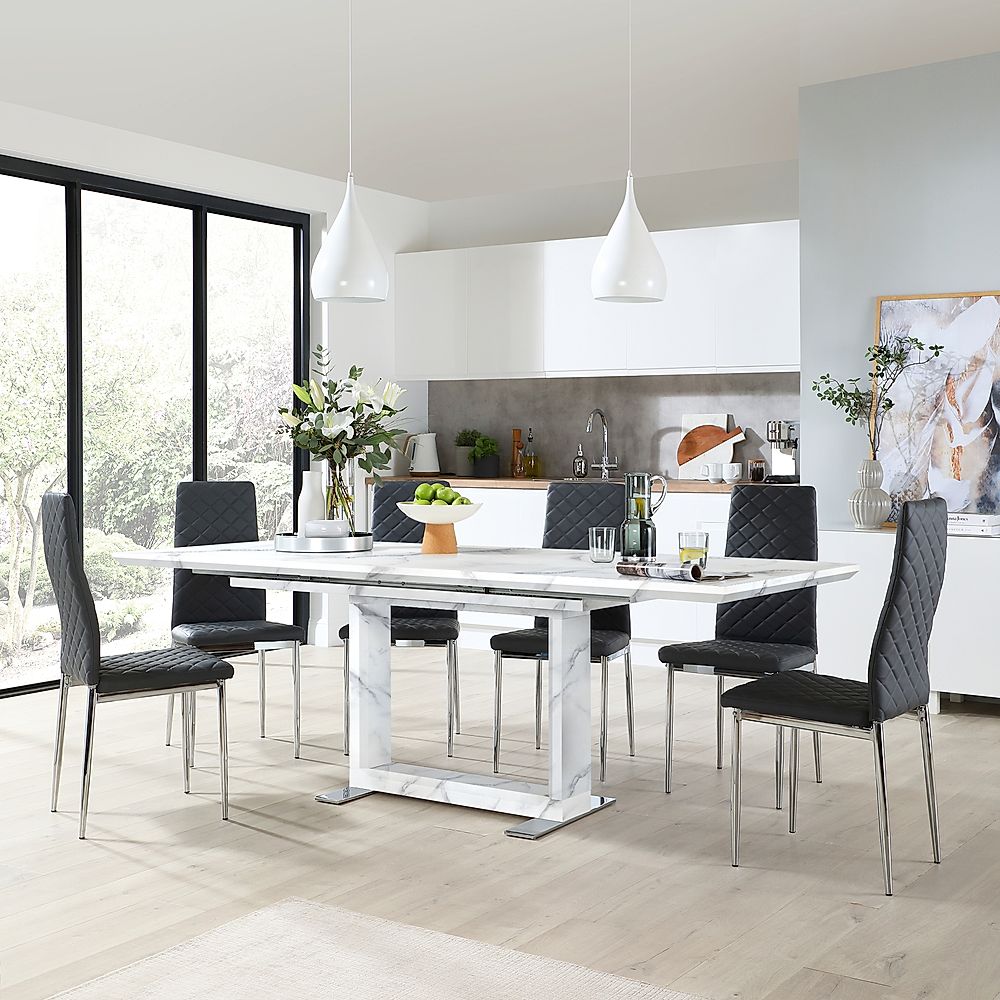 Tokyo Extending Dining Table & 6 Renzo Chairs, White Marble Effect, Grey Classic Faux Leather & Chrome, 160-220cm