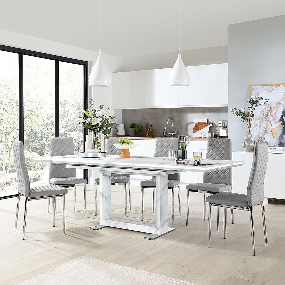 Tokyo Extending Dining Table & 4 Renzo Chairs, White Marble Effect, Light Grey Classic Faux Leather & Chrome, 160-220cm
