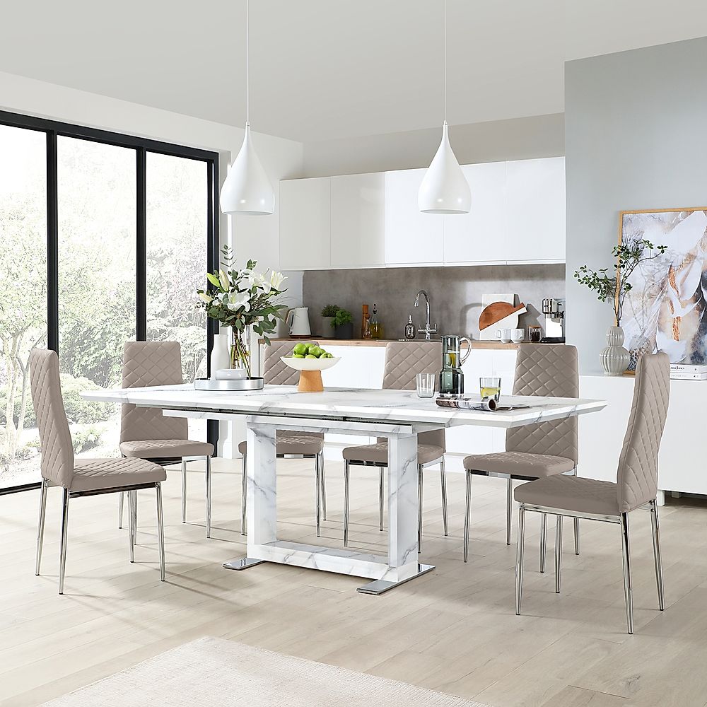 Tokyo Extending Dining Table & 4 Renzo Chairs, White Marble Effect, Stone Grey Classic Faux Leather & Chrome, 160-220cm