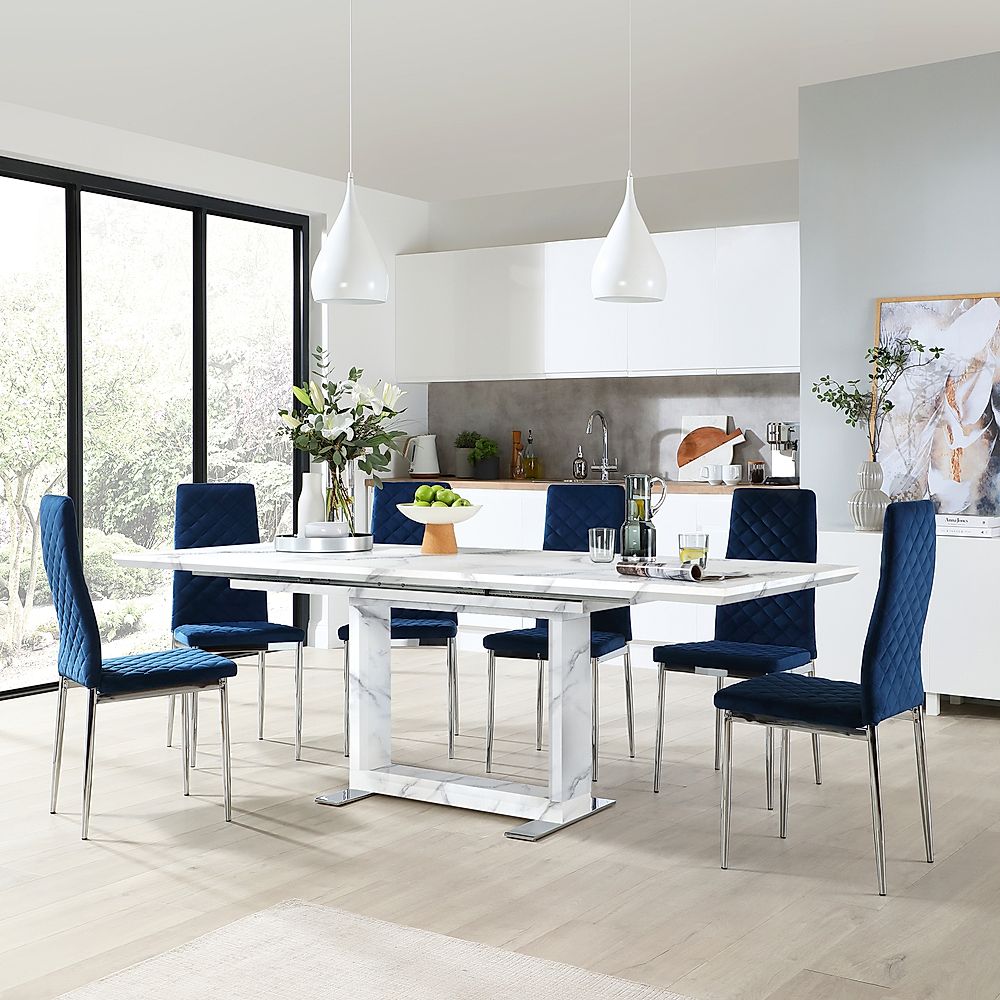 Tokyo Extending Dining Table & 4 Renzo Chairs, White Marble Effect, Blue Classic Velvet & Chrome, 160-220cm