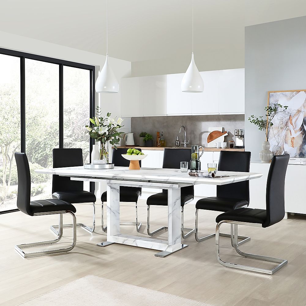 Tokyo Extending Dining Table & 4 Perth Chairs, White Marble Effect, Black Classic Faux Leather & Chrome, 160-220cm
