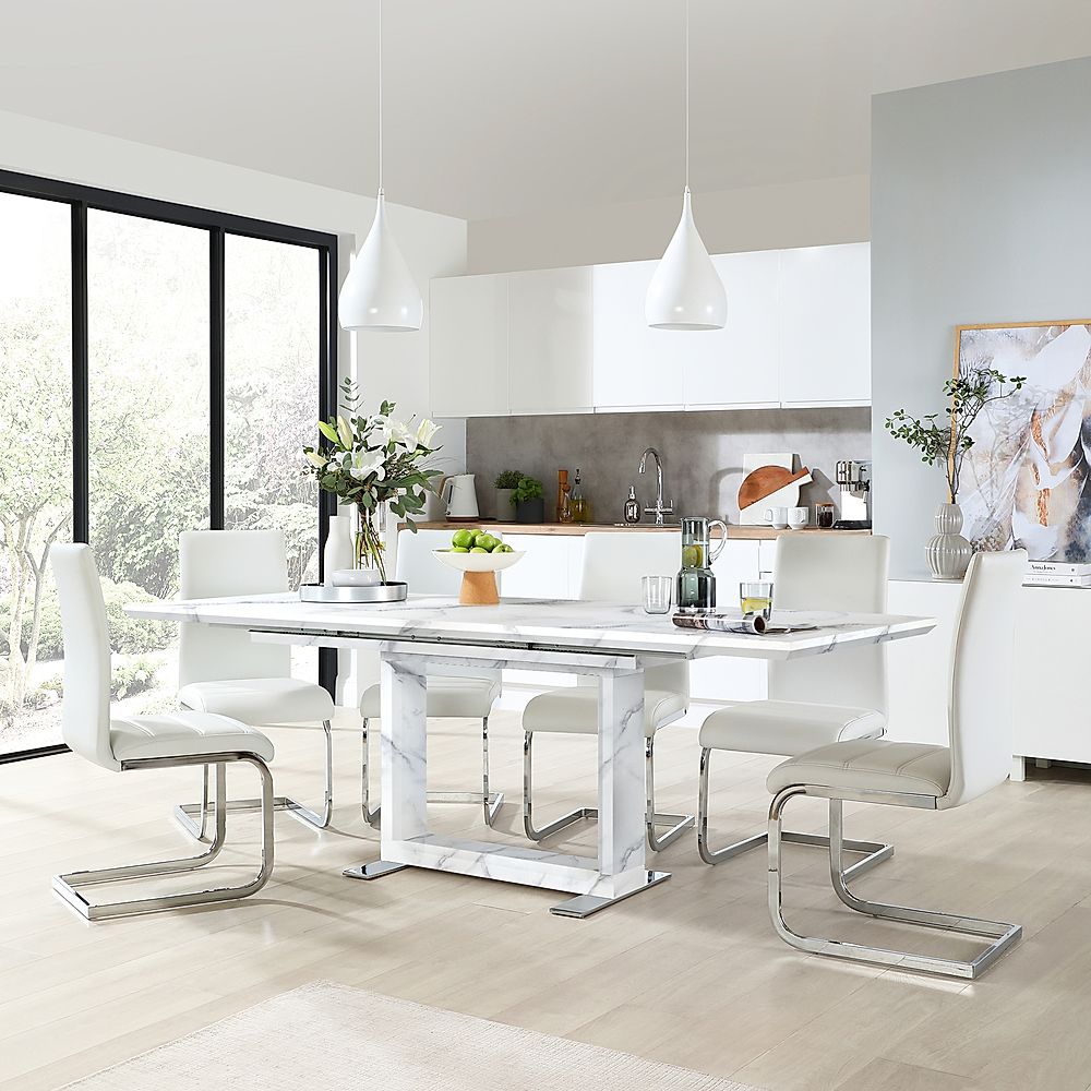 Tokyo Extending Dining Table & 6 Perth Chairs, White Marble Effect, White Classic Faux Leather & Chrome, 160-220cm