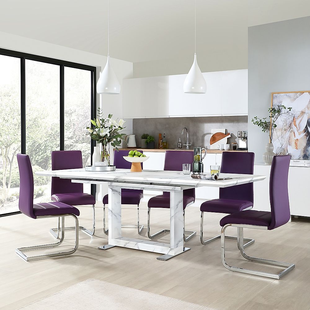Tokyo Extending Dining Table & 4 Perth Chairs, White Marble Effect, Purple Classic Faux Leather & Chrome, 160-220cm