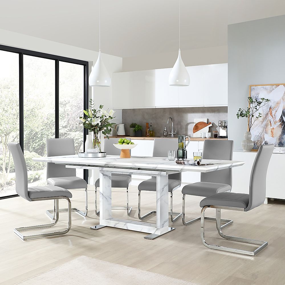 Tokyo Extending Dining Table & 4 Perth Chairs, White Marble Effect, Light Grey Classic Faux Leather & Chrome, 160-220cm