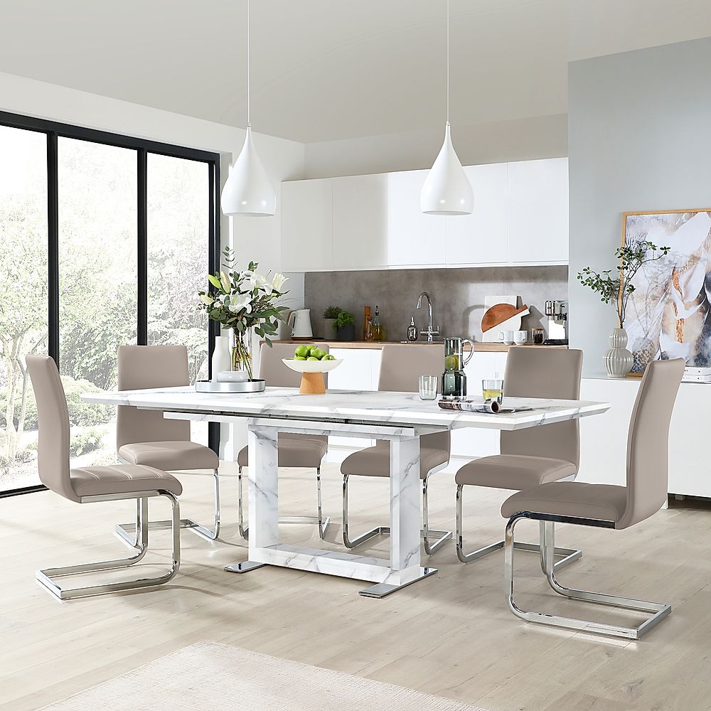Tokyo Extending Dining Table & 8 Perth Chairs, White Marble Effect, Stone Grey Classic Faux Leather & Chrome, 160-220cm