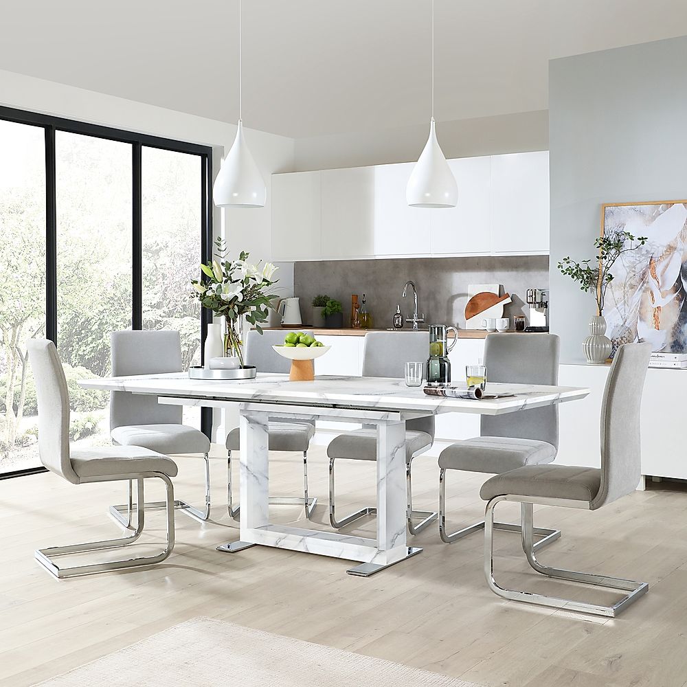 Tokyo Extending Dining Table & 6 Perth Chairs, White Marble Effect, Dove Grey Classic Plush Fabric & Chrome, 160-220cm