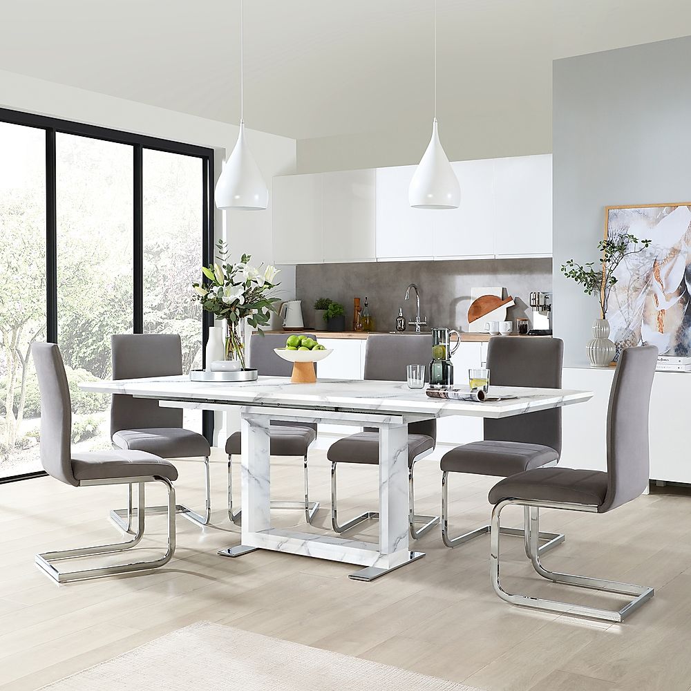 Tokyo Extending Dining Table & 4 Perth Chairs, White Marble Effect, Grey Classic Velvet & Chrome, 160-220cm