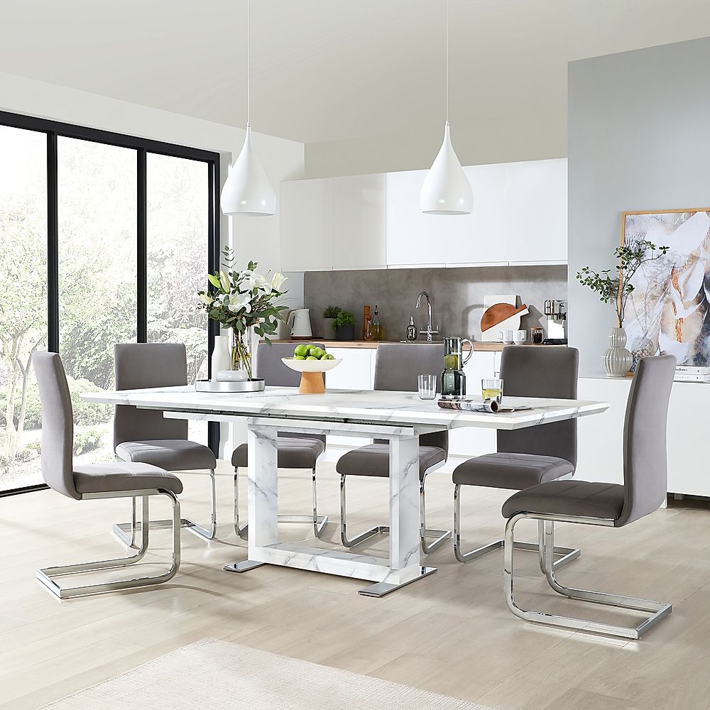 Tokyo Extending Dining Table & 6 Perth Chairs, White Marble Effect, Grey Classic Velvet & Chrome, 160-220cm