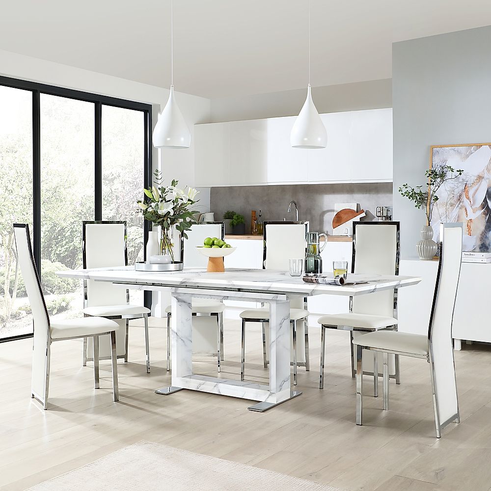 Tokyo Extending Dining Table & 4 Celeste Chairs, White Marble Effect, White Classic Faux Leather & Chrome, 160-220cm