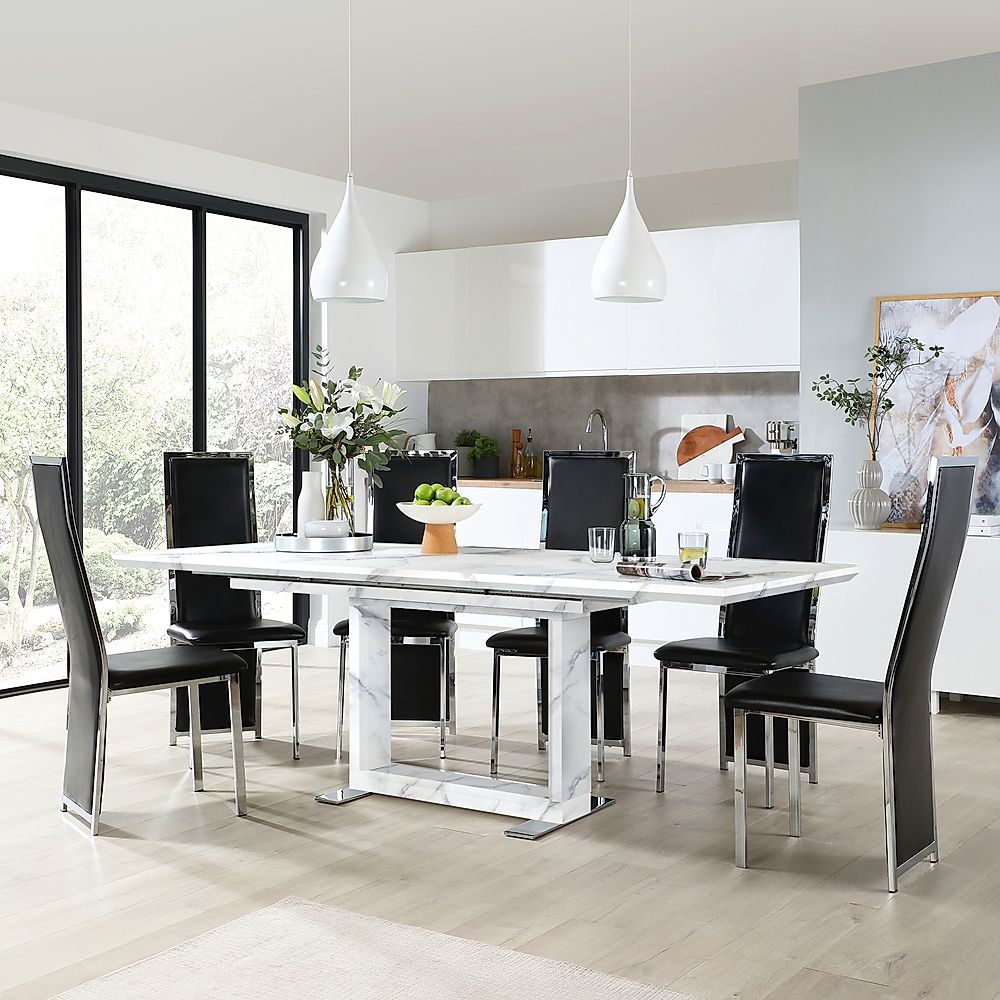 Tokyo Extending Dining Table & 6 Celeste Chairs, White Marble Effect, Black Classic Faux Leather & Chrome, 160-220cm