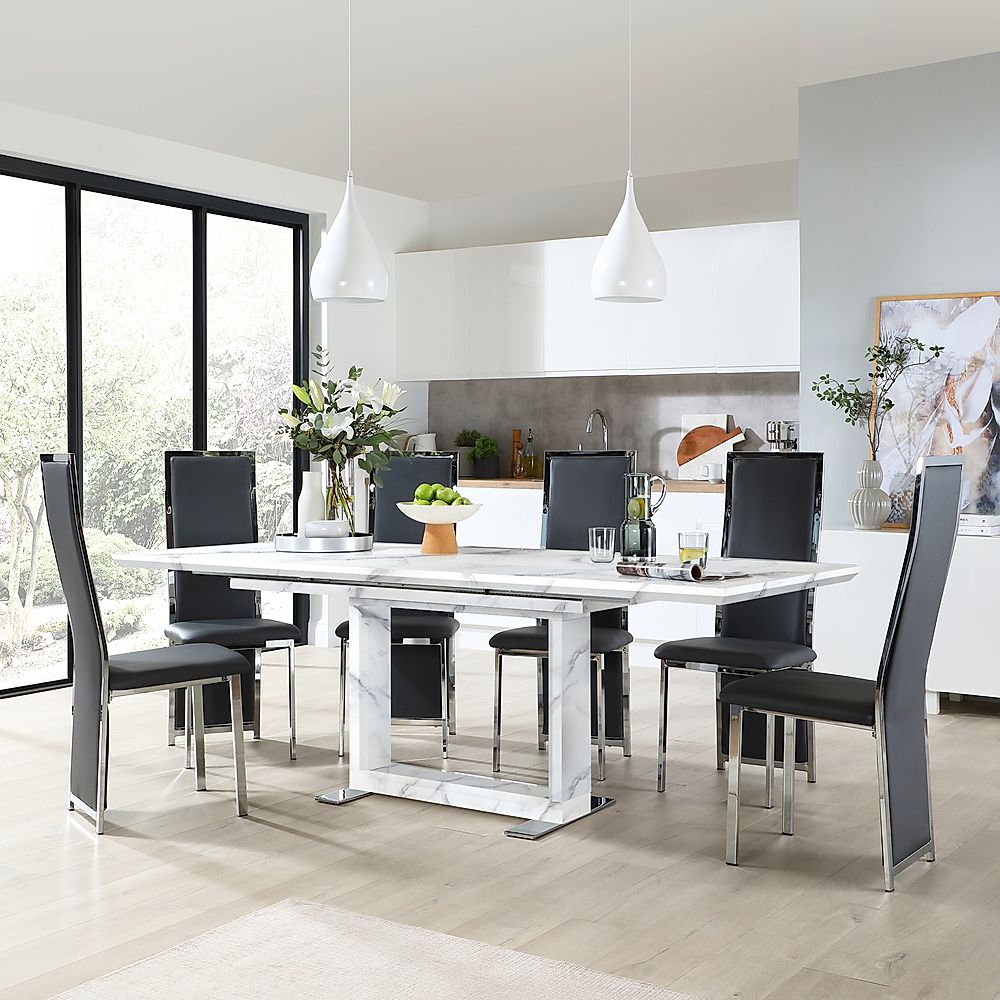 Tokyo Extending Dining Table & 8 Celeste Chairs, White Marble Effect, Grey Classic Faux Leather & Chrome, 160-220cm