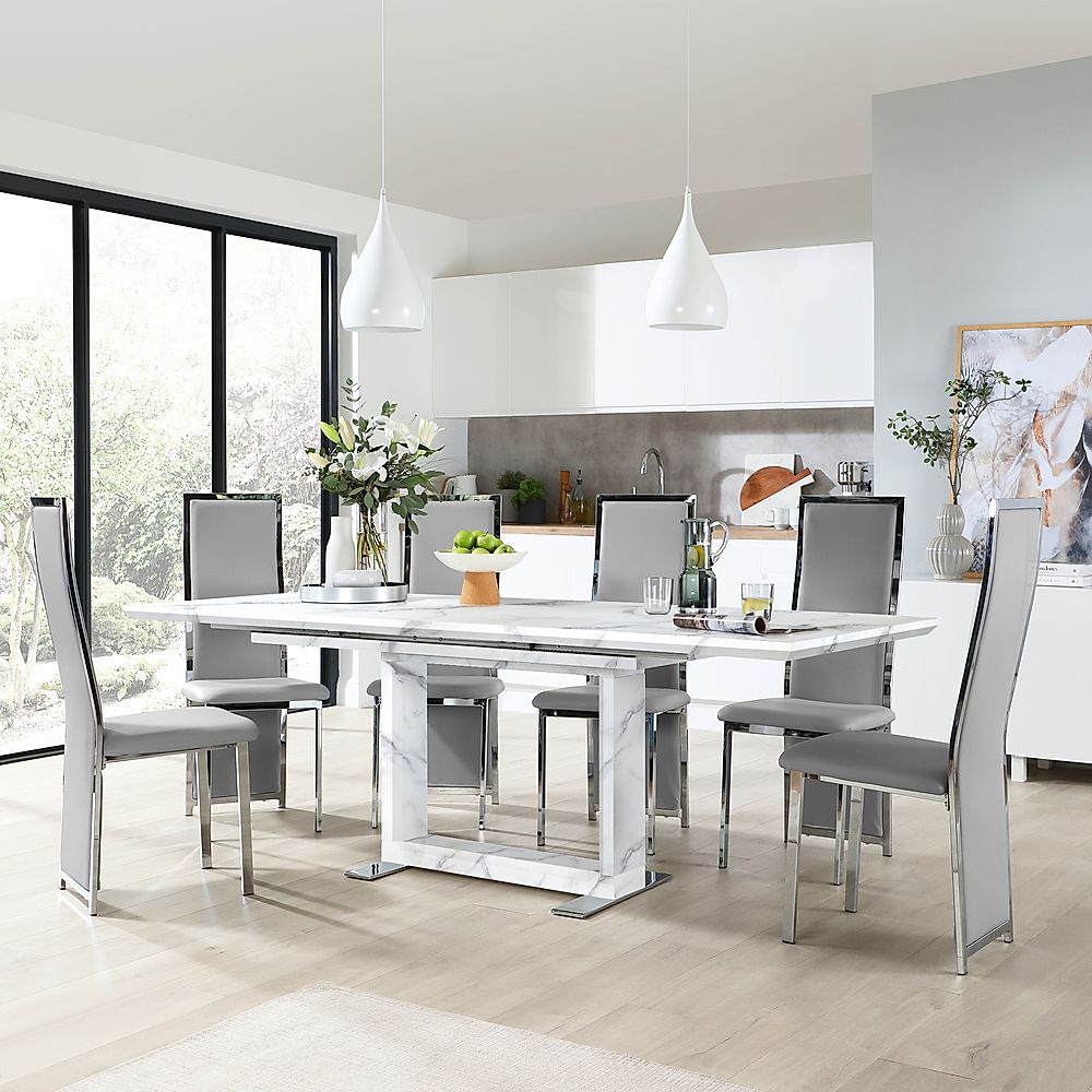 Tokyo Extending Dining Table & 4 Celeste Chairs, White Marble Effect, Light Grey Classic Faux Leather & Chrome, 160-220cm