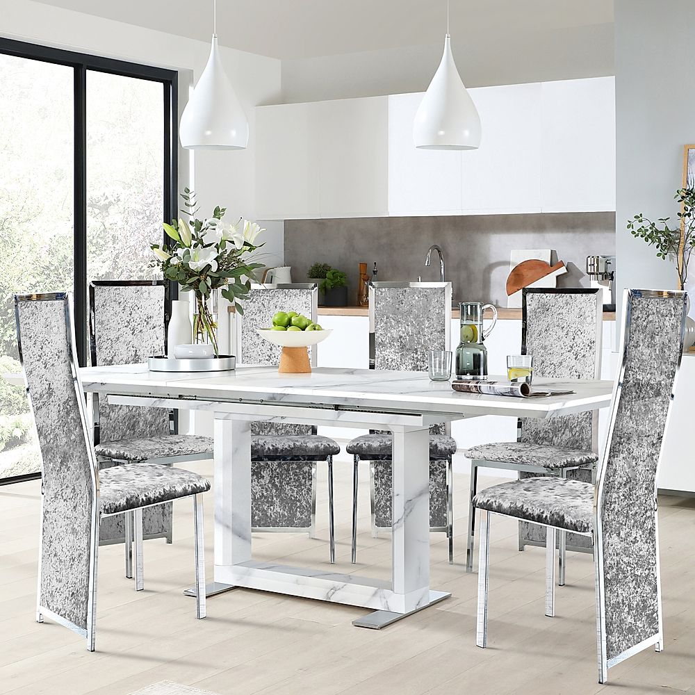 Tokyo Extending Dining Table & 6 Celeste Chairs, White Marble Effect, Silver Crushed Velvet & Chrome, 160-220cm