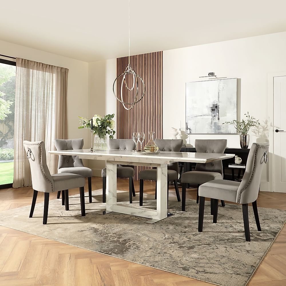 Tokyo Extending Dining Table & 6 Kensington Chairs, White Marble Effect, Grey Classic Velvet & Black Solid Hardwood, 160-220cm