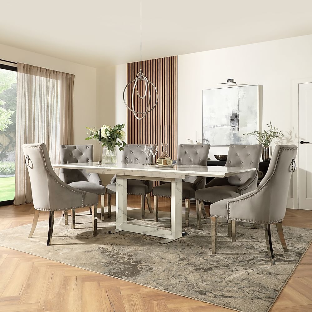Tokyo Extending Dining Table & 6 Imperial Chairs, White Marble Effect, Grey Classic Velvet & Chrome, 160-220cm