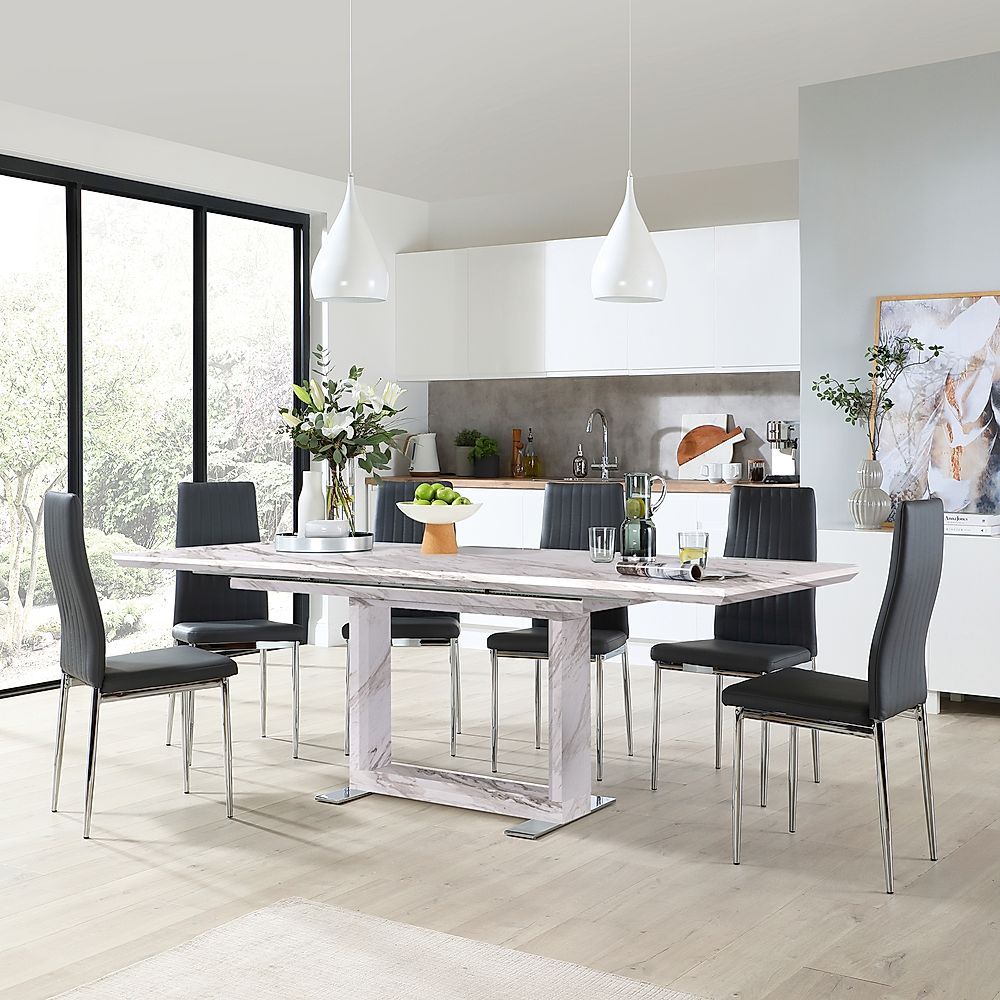 Tokyo Extending Dining Table & 4 Leon Chairs, Grey Marble Effect, Grey Classic Faux Leather & Chrome, 160-220cm