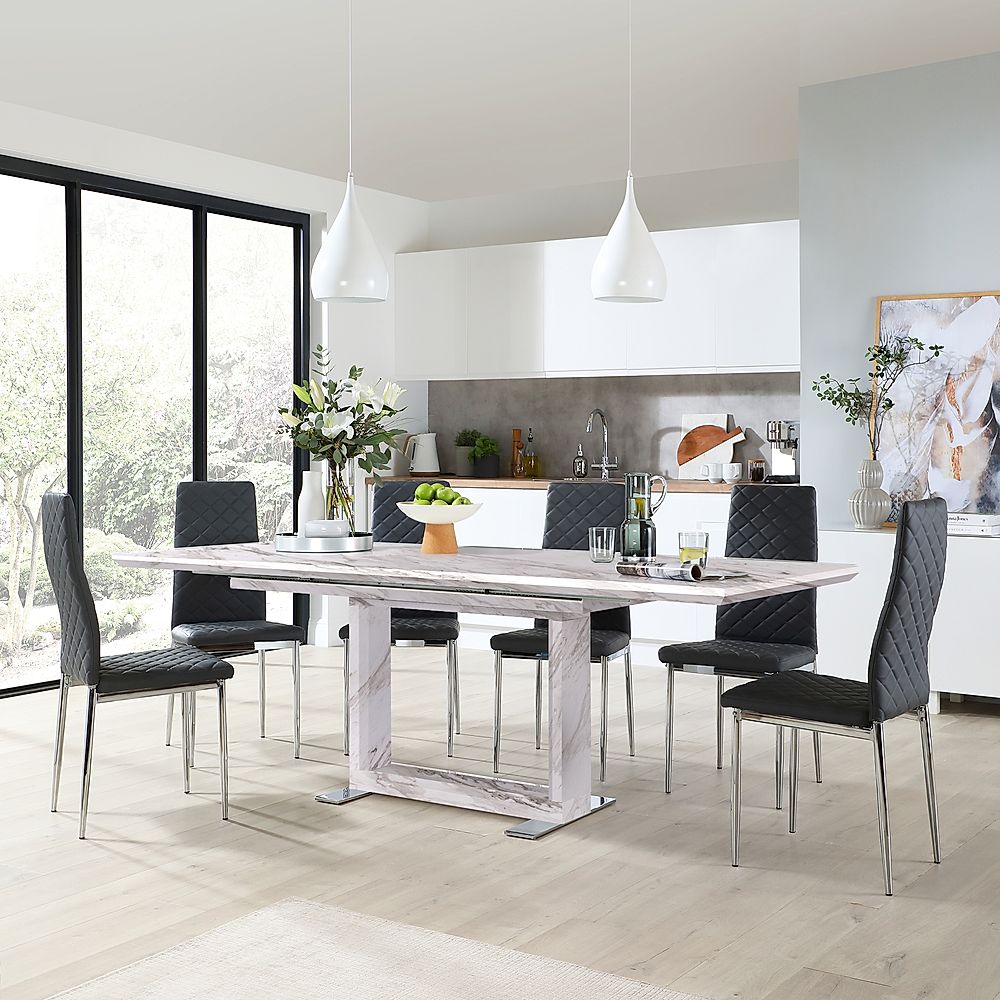 Tokyo Extending Dining Table & 6 Renzo Chairs, Grey Marble Effect, Grey Classic Faux Leather & Chrome, 160-220cm