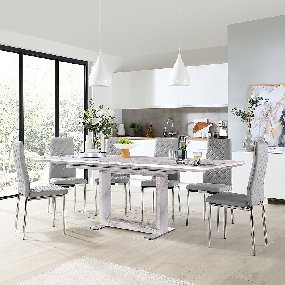 Tokyo Extending Dining Table & 4 Renzo Chairs, Grey Marble Effect, Light Grey Classic Faux Leather & Chrome, 160-220cm