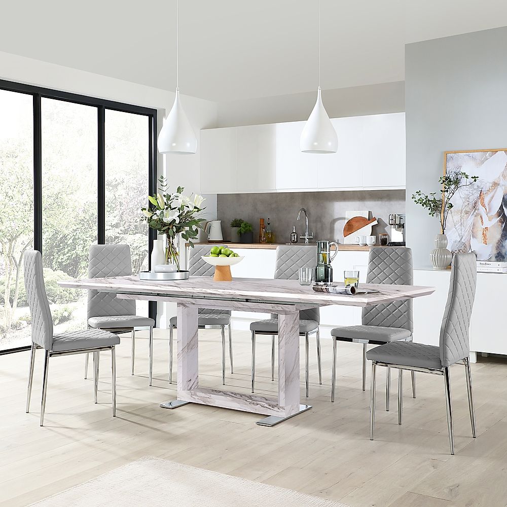 Tokyo Extending Dining Table & 8 Renzo Chairs, Grey Marble Effect, Light Grey Classic Faux Leather & Chrome, 160-220cm