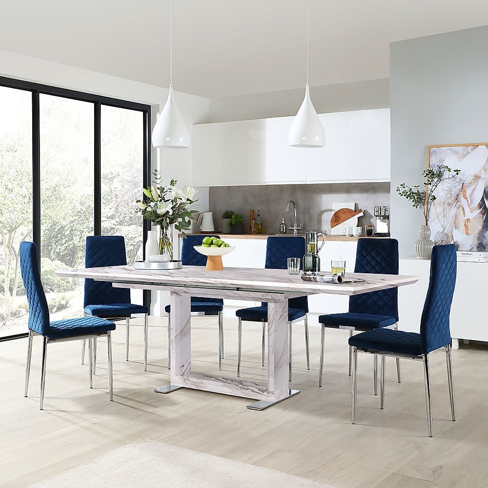 Tokyo Extending Dining Table & 4 Renzo Chairs, Grey Marble Effect, Blue Classic Velvet & Chrome, 160-220cm