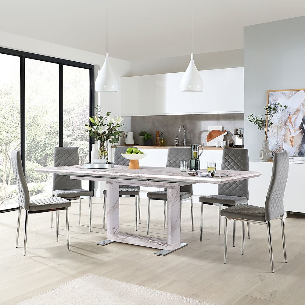 Tokyo Extending Dining Table & 4 Renzo Chairs, Grey Marble Effect, Grey Classic Velvet & Chrome, 160-220cm