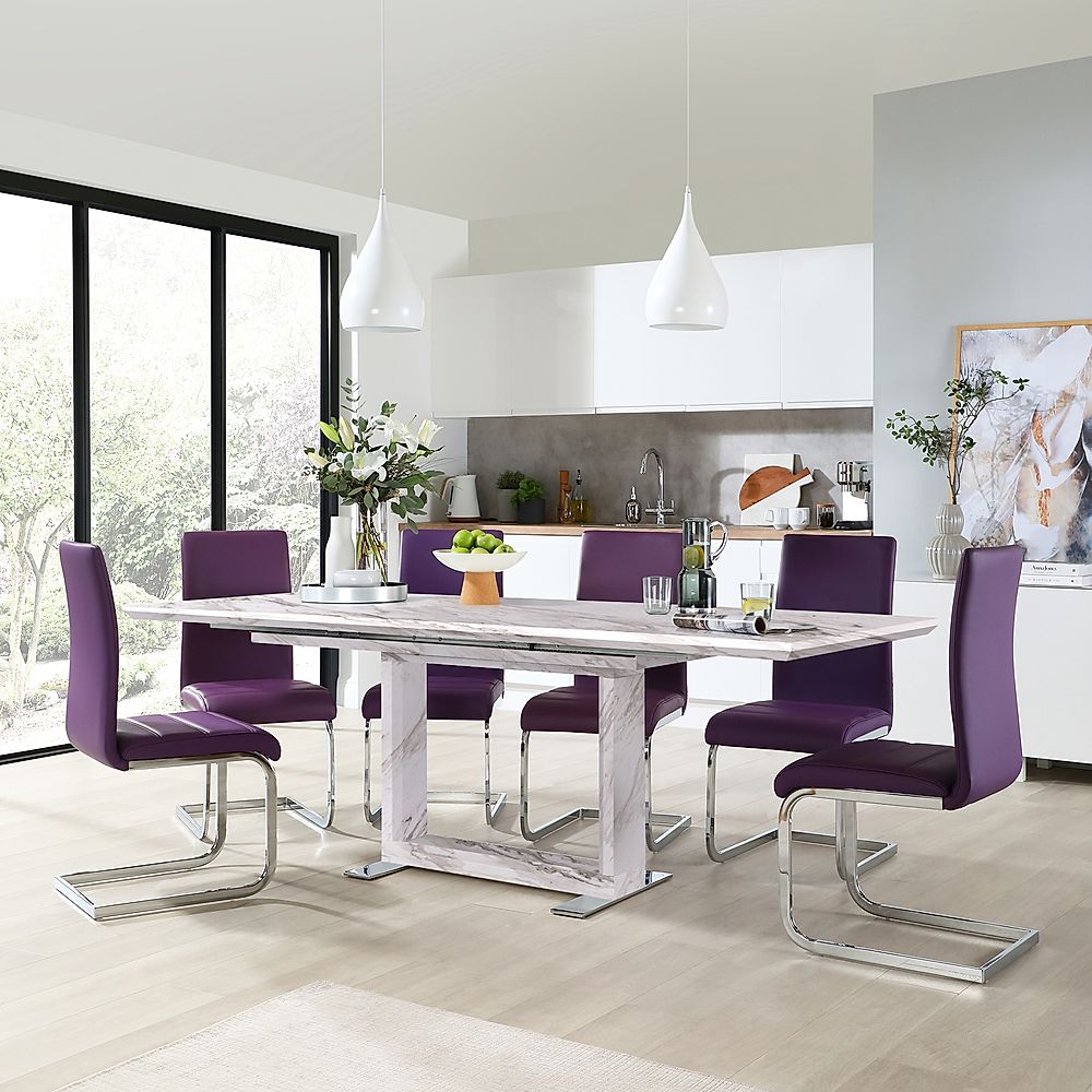 Tokyo Extending Dining Table & 4 Perth Chairs, Grey Marble Effect, Purple Classic Faux Leather & Chrome, 160-220cm