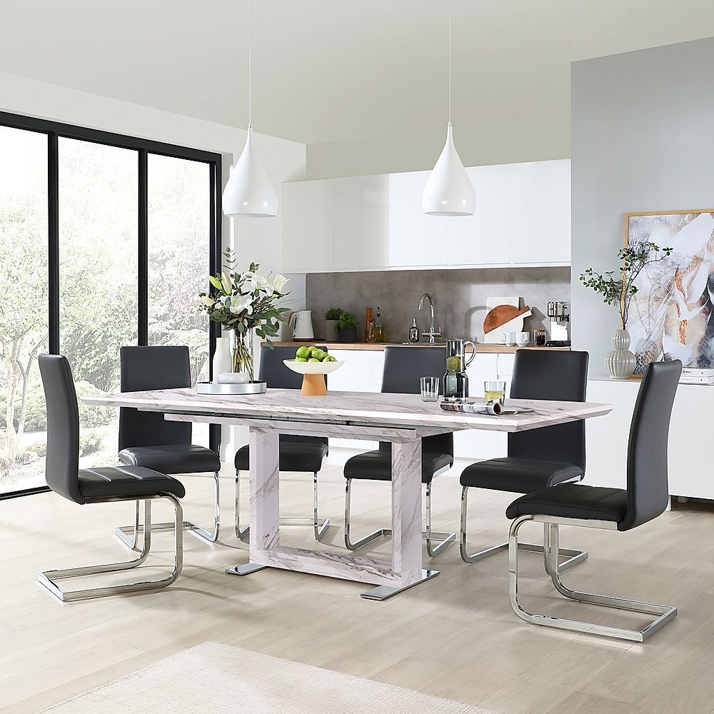 Tokyo Extending Dining Table & 4 Perth Chairs, Grey Marble Effect, Grey Classic Faux Leather & Chrome, 160-220cm