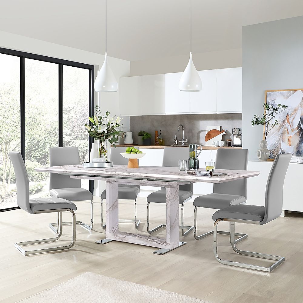 Tokyo Extending Dining Table & 6 Perth Chairs, Grey Marble Effect, Light Grey Classic Faux Leather & Chrome, 160-220cm