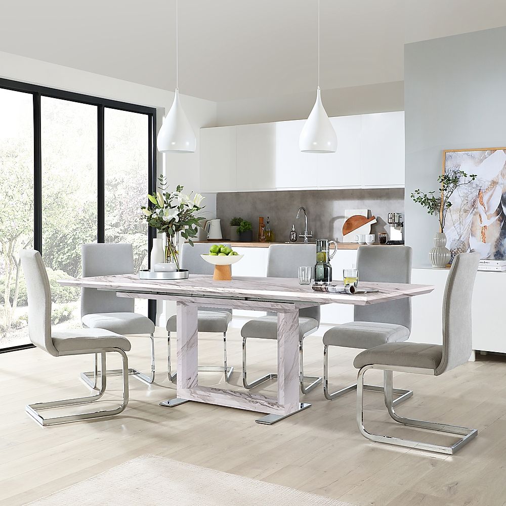 Tokyo Extending Dining Table & 4 Perth Chairs, Grey Marble Effect, Dove Grey Classic Plush Fabric & Chrome, 160-220cm