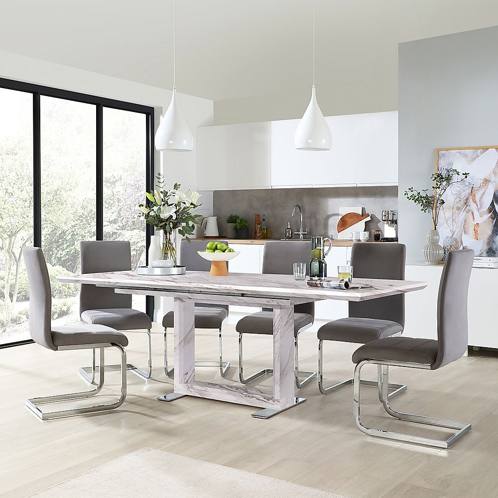 Tokyo Extending Dining Table & 4 Perth Chairs, Grey Marble Effect, Grey Classic Velvet & Chrome, 160-220cm