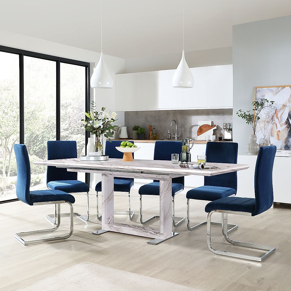 Tokyo Extending Dining Table & 4 Perth Chairs, Grey Marble Effect, Blue Classic Velvet & Chrome, 160-220cm