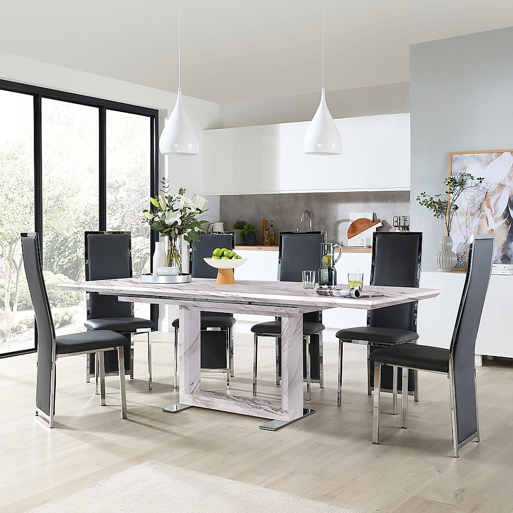 Tokyo Extending Dining Table & 4 Celeste Chairs, Grey Marble Effect, Grey Classic Faux Leather & Chrome, 160-220cm