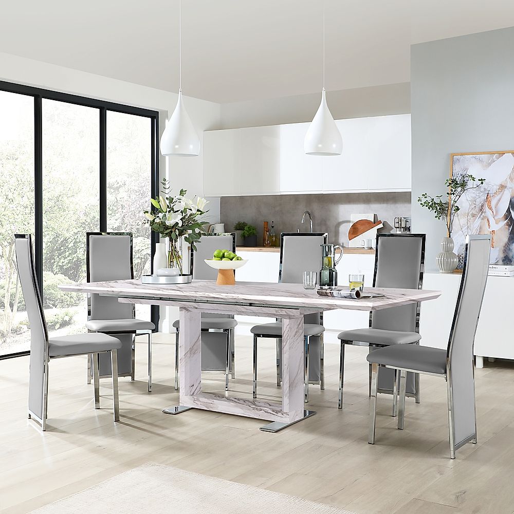 Tokyo Extending Dining Table & 6 Celeste Chairs, Grey Marble Effect, Light Grey Classic Faux Leather & Chrome, 160-220cm