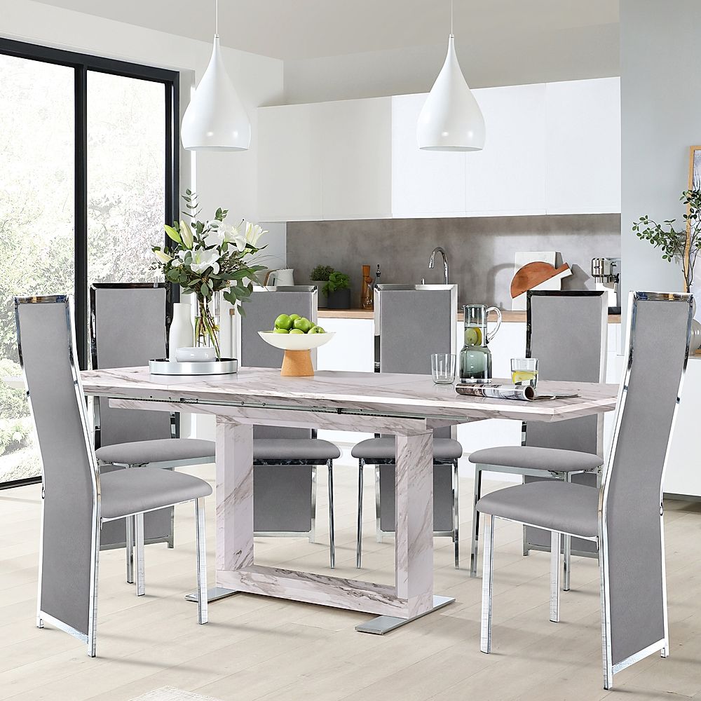 Tokyo Extending Dining Table & 8 Celeste Chairs, Grey Marble Effect, Grey Classic Velvet & Chrome, 160-220cm