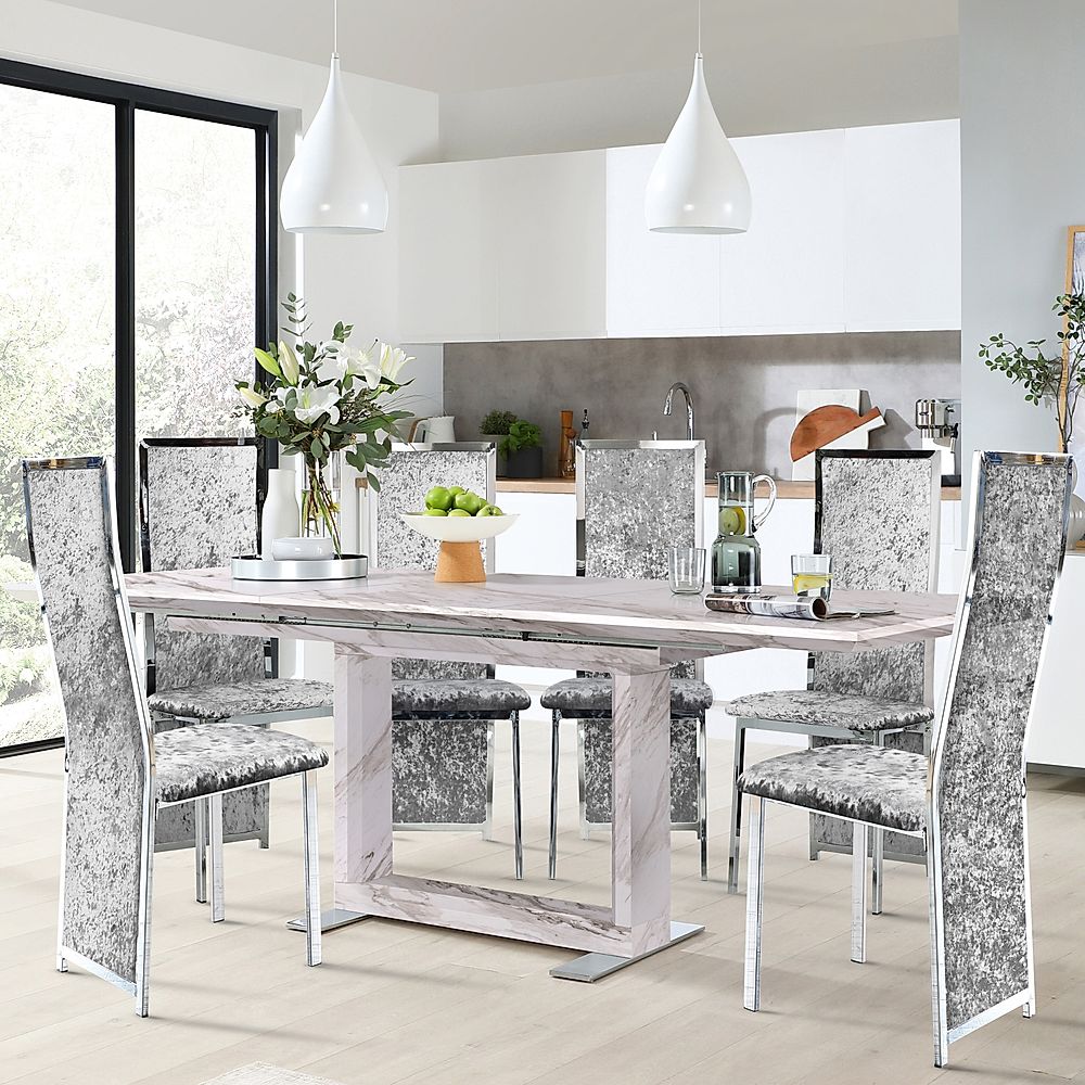 Tokyo Extending Dining Table & 4 Celeste Chairs, Grey Marble Effect, Silver Crushed Velvet & Chrome, 160-220cm
