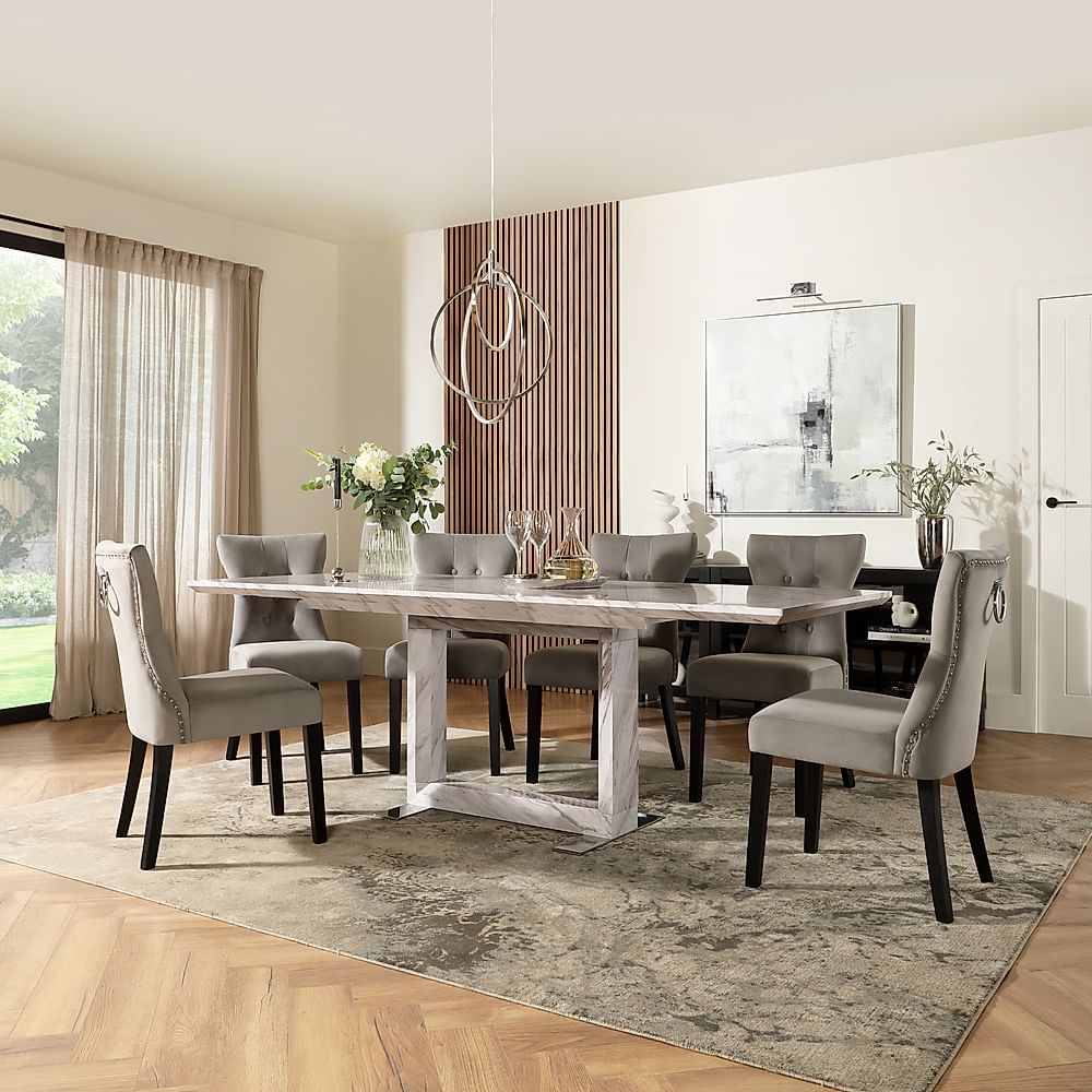 Tokyo Extending Dining Table & 4 Kensington Chairs, Grey Marble Effect, Grey Classic Velvet & Black Solid Hardwood, 160-220cm