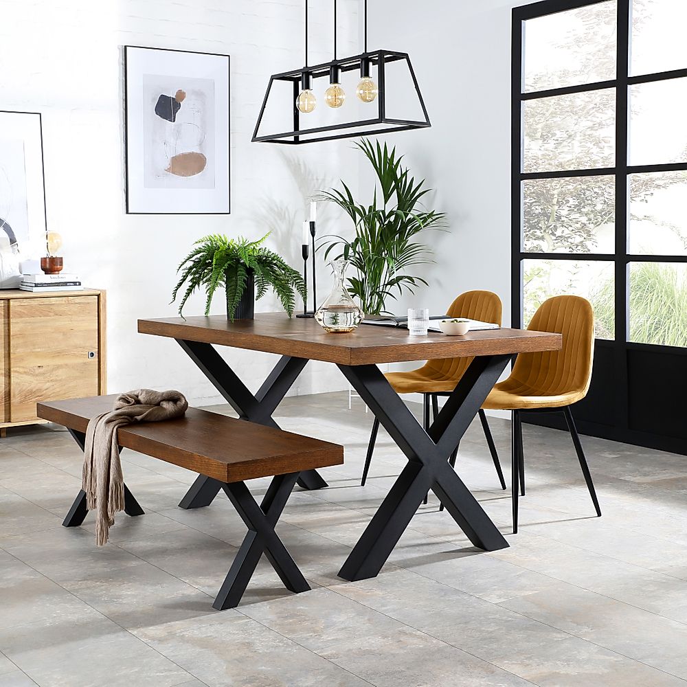 Franklin Industrial Dining Table, Bench & 2 Brooklyn Chairs, Dark Oak Veneer & Black Steel, Mustard Classic Velvet, 150cm
