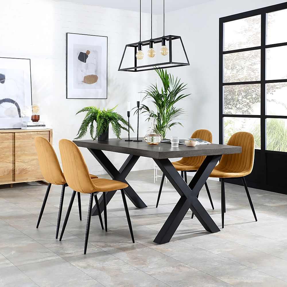 Franklin Dining Table & 4 Brooklyn Chairs, Grey Oak Veneer & Black Steel, Mustard Classic Velvet, 150cm
