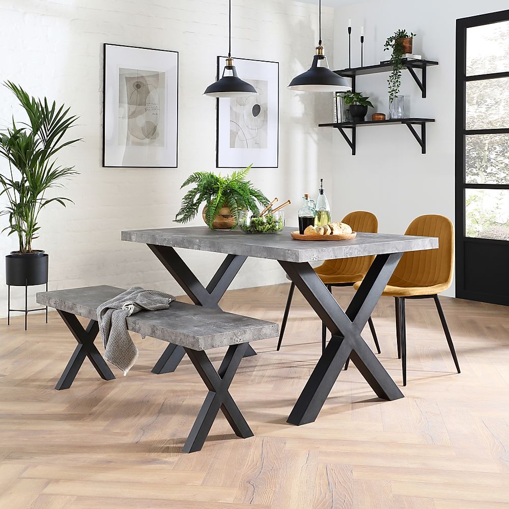 Franklin Industrial Dining Table, Bench & 2 Brooklyn Chairs, Grey Concrete Effect & Black Steel, Mustard Classic Velvet, 150cm