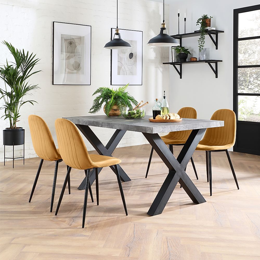 Franklin Industrial Dining Table & 4 Brooklyn Chairs, Grey Concrete Effect & Black Steel, Mustard Classic Velvet, 150cm