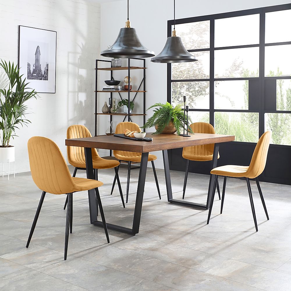 Addison Industrial Dining Table & 4 Brooklyn Chairs, Dark Oak Veneer & Black Steel, Mustard Classic Velvet, 150cm