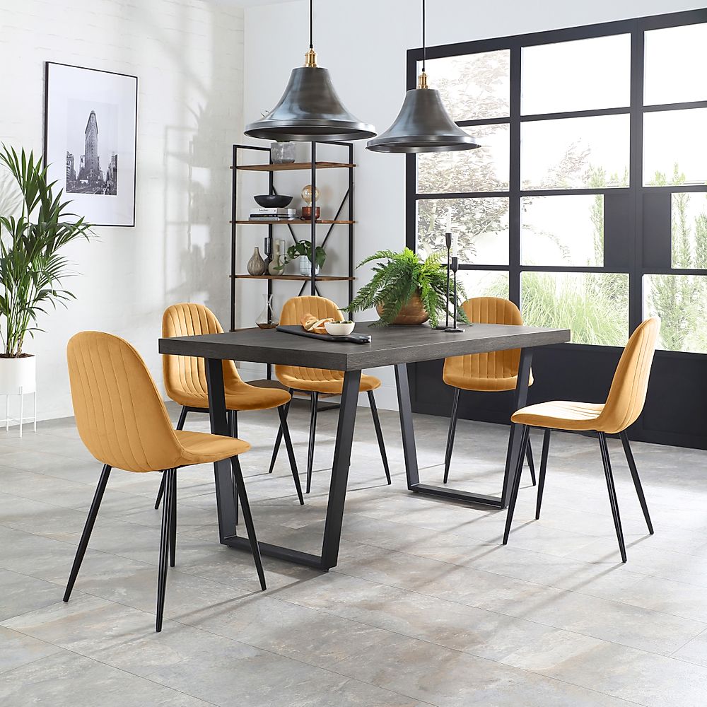 Addison Dining Table & 4 Brooklyn Chairs, Grey Oak Veneer & Black Steel, Mustard Classic Velvet, 150cm