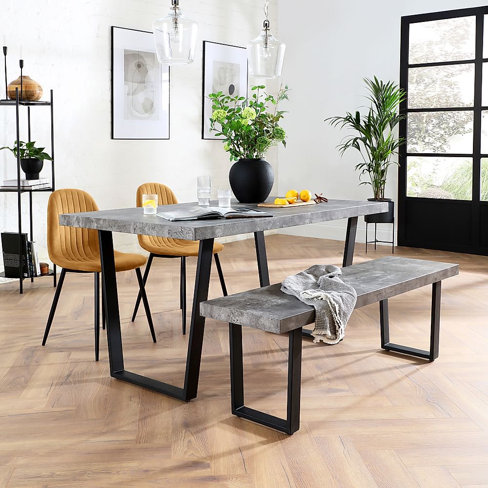 Addison Industrial Dining Table, Bench & 4 Brooklyn Chairs, Grey Concrete Effect & Black Steel, Mustard Classic Velvet, 150cm